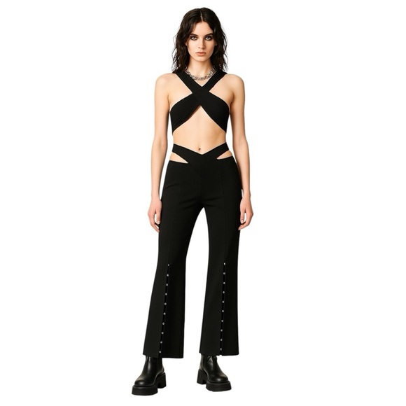 Anna October Wool Crossover Palazzo Pants Women’s 6 Black High Waist Slit NWT - Picture 1 of 16